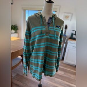 L.L. Bean Women’s Olive and Teal Striped Rugby Style Hoodie